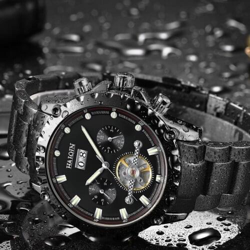 HAIQIN Automatic mechanical Black Steel Men watch Sport Top Brand luxury men watches for men waterproof Tourbillon Reloj hombres