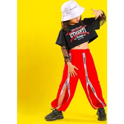 Kids Cool Hip Hop Outfits Sweatshirt Crop Top Black Lace T Shirt Split Pants Girls Carnival Jazz Dance Costume Clothes Wear