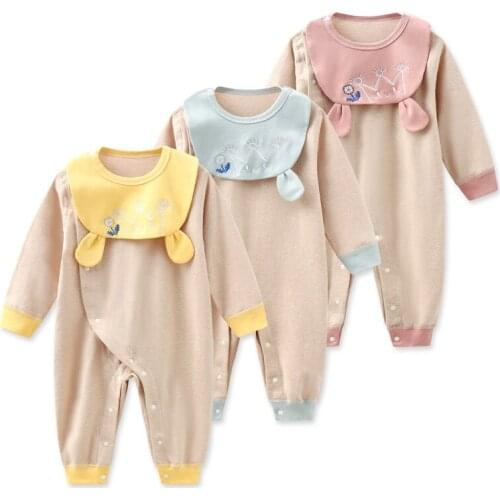 2PCS Baby Romper+Bib Solid Cotton Unisex Baby Boy Clothes Autumn Print Baby Girl Clothes Long Sleeve Winter Jumpsuit Ropa Bebe
