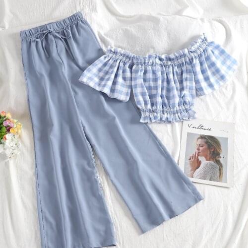 Fashion Women Two Piece Set Top And Pants Sexy Slash Neck Plaid Crop Top + Solid Broad-legged Trousers 2019 New Summer Suit Set