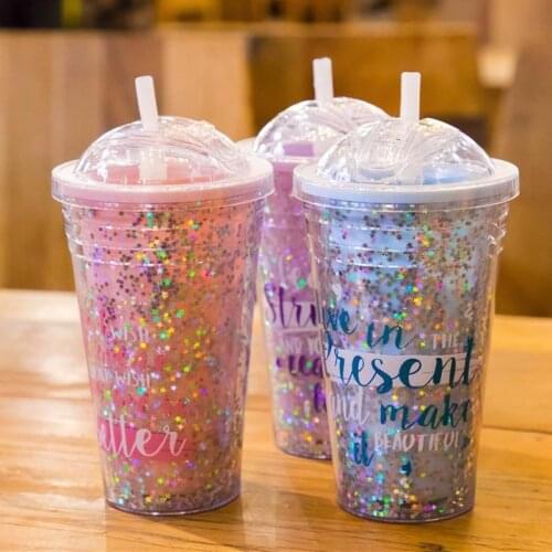 Candy Color 420ML Water Bottle for Girls Cute Star Sequin Double Pink Drinking Bottles with Straw