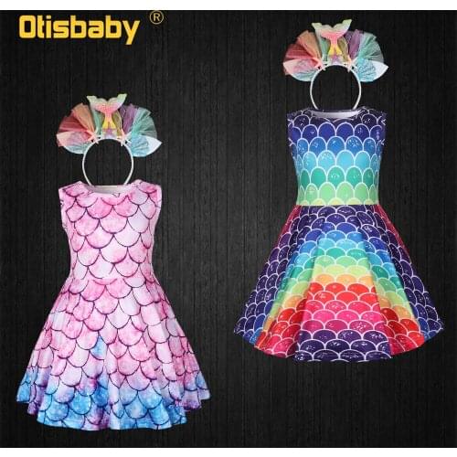 Halloween Little Mermaid Ariel Costume Headhand Girls Summer Holiday Casual Dress Christmas Fish Scale Printed Sleevless Dresses