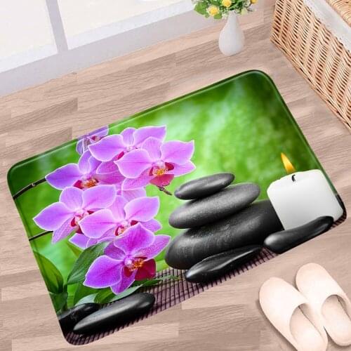 Zen Stone Bathroom Mat Purple Orchid Green Bamboo Scenery Pattern Non-slip Rugs Flannel Home Decor Bath Kitchen Doorway Carpet