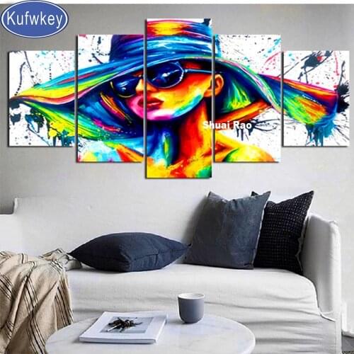 Multi panel diamond painting Colorful Women Sunglasses Full square drill cross stitch kits diamond embroidery 5 Piece Portrait