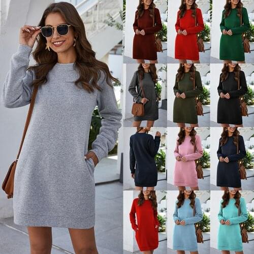 Fashion Autumn Winter Womens Mini Dress Casual O-Neck Long Sleeve Ladies Sweatshirt Loose Pocket A-Line Skirt Pullover