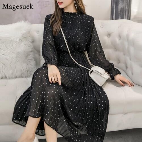 Autumn Vintage Chiffon Black Dress Women Long Sleeve Dot Pleated Red Woman Dress Elegant Evening Ladies Dresses Vestidos 7918
