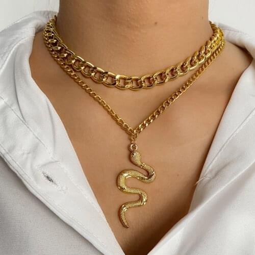 KISS WIFE Retro Multilayer Snake Pendant Chain Necklace For Women Gold Silver Color Big Thick Chain Necklaces 2021 Trend Jewelry