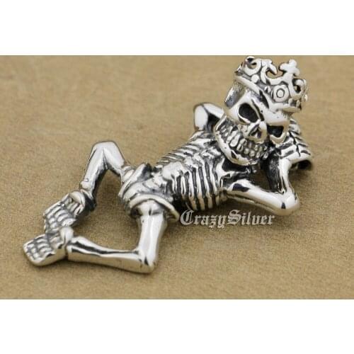925 Sterling Silver Crawling Skull Crown On Head Mens Biker Rocker Punk Pendant 9V006 Just Pendant