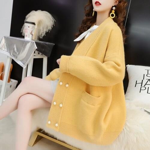 Casual Long Knitted Cardigan Women Autumn Winter Yellow Cardigans V Neck Long Sleeve Loose Female Beaded Button Knitwear Sweater