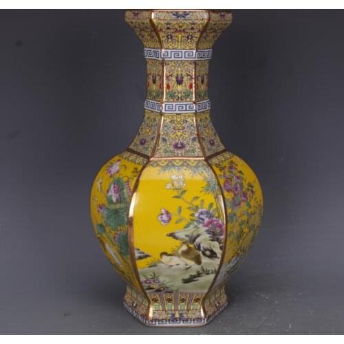 Qing Dynasty Qianlong Painted Gold Enamel Flowers And Birds Hexagonal Vase Antique Crafts Porcelain Home Chinese Antique Ornamen