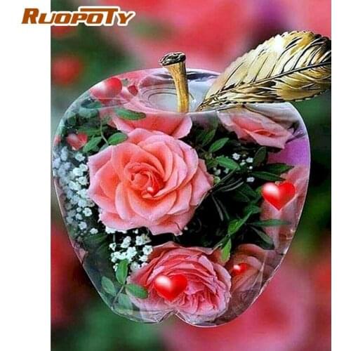 RUOPOTY Frame DIY Paint By Number Flowers Oil Painting By Numbers On Canvas Apple Rose Wall Pictures For Living Room Gift