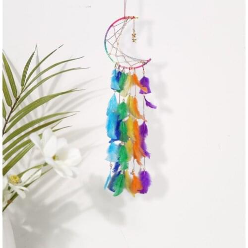Nordic Moon Rainbow Color Dream Catcher Indian Handmade Feather Hanging Art Gift Wind Chimes Car Pendant Room Wall Hanging Decor
