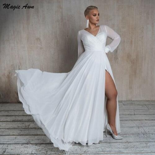 Magic Awn White Plus Size Chiffon Wedding Dresses Beach Full Sleeves Side Split Simple Boho Mariage Gowns Vestidos De Novia