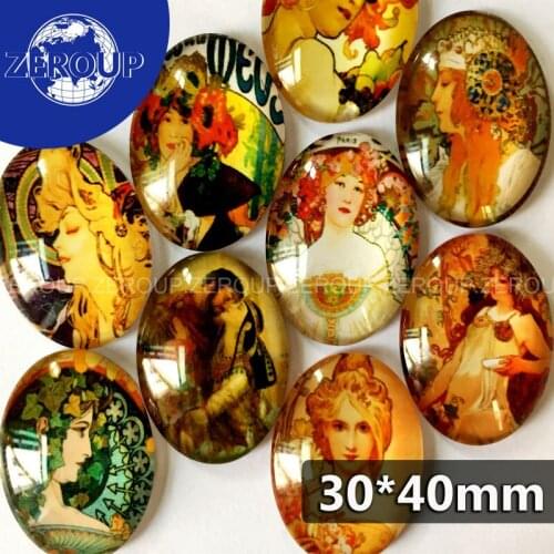 ZEROUP 30*40mm oval glass cabochon oil painting pictures mixed pattern fit base setting for jewelry flatback 10pcs/lot TP-067