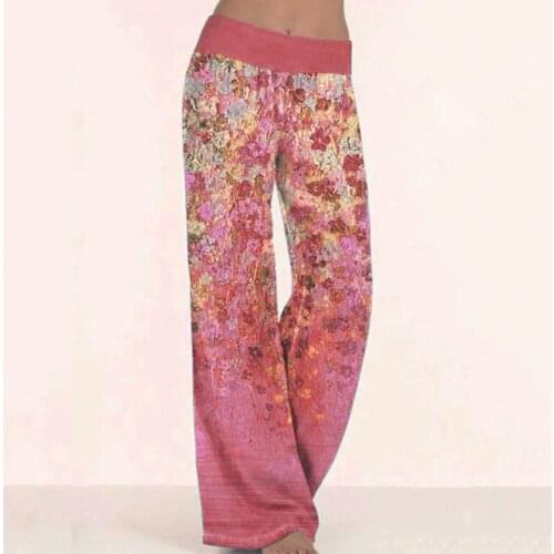 Bohemain Women Exercise Yoga Trousers Loose Colorful Floral Print Mid Waist Drawstring Pants Teen Girls Wide Leg Pants A40