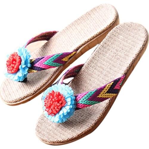 Womens Summer Flower Flip Flops Indoor EVA Comfortable Linen Slippers Red Beach Flax Slippers Girls Flat Sandals Women Slides