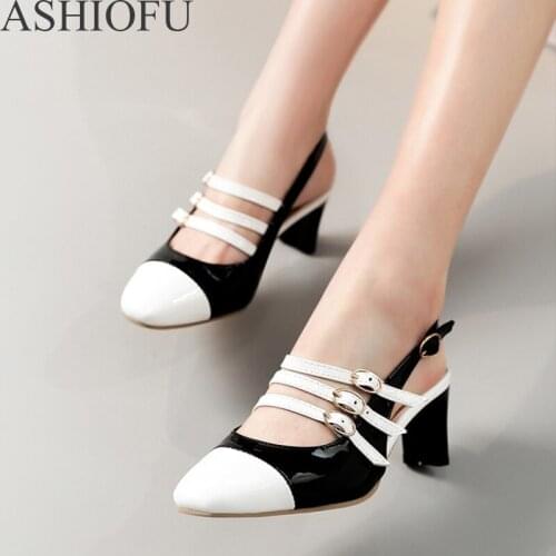 ASHIOFU New Mid Heel Ladies Pumps Buckle Straps Sweet Party Prom Dress Shoes Slingback Patchwork Fashion Evening Court Shoes