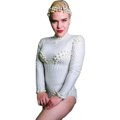 Ivory Pearl Jumpsuits Women Long Sleeves Sexy Bodysuit Birthday Party Nightclub Outfit Singer Stage Show Dance Costume