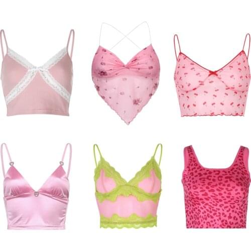 Y2K Pink Crop Tops E-girl Cute Sweet Women Summer Sexy Sleeveless Halter Vest Backless Sling Cami Tank Top Ladies Streetwear