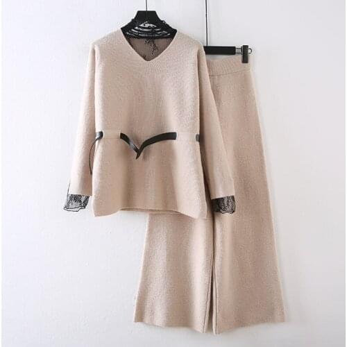 Womens knitted suit autumn and winter new style fashion suit lace fight receiving waist slim pants two piece set top and pants