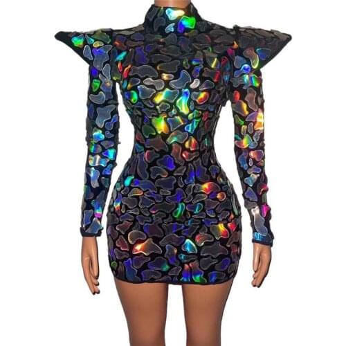 2021 New Women Shiny Lens Rhinestone Black Long Sleeve Singer Dress Birthday Prom Bar Outfit Dancer Dress