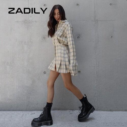 Zadily Sexy Full Sleeve Dress For Women Plaid Shirt Pleated Waist Button Up French Ruffled Dresses 2021 Summer Party Clothing