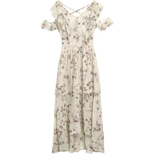 New Summer Long Dress Bohemian Womens Chiffon Dresses V-Neck Backless Female Floral Dress Slim Short Sleeve Lady Clothing OL