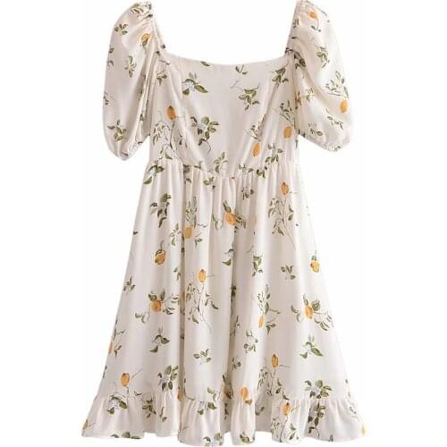 YENKYE Summer Women Lemon Print Chiffon Dress Sexy Square Neck Puff Sleeve A-line Holiday Dress Female Prairie Chic Short Robe