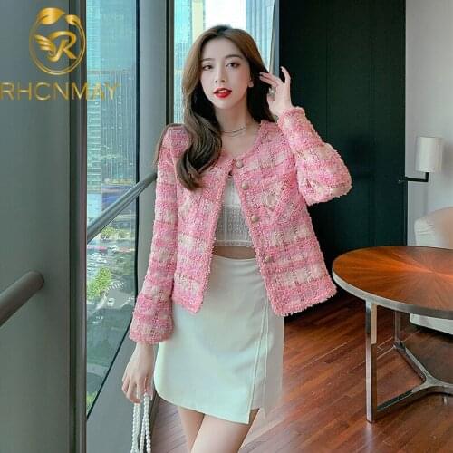 Autumn Winter Tweed Coat Women Vintage Long Sleeve Short Woolen Jacket Coat Female Korean Style Ins Streetwear Plaid Outwear Top