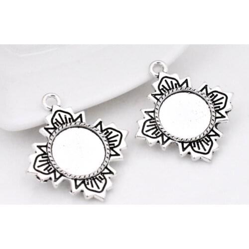 10pcs 12mm Inner Size Antique Silver Plated Flower Style Cabochon Base Cameo Setting Charms Pendant