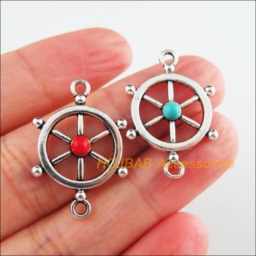 15Pcs Tibetan Silver Tone Rudder Red & Blue Stone Helm Charms Connectors 18x27mm
