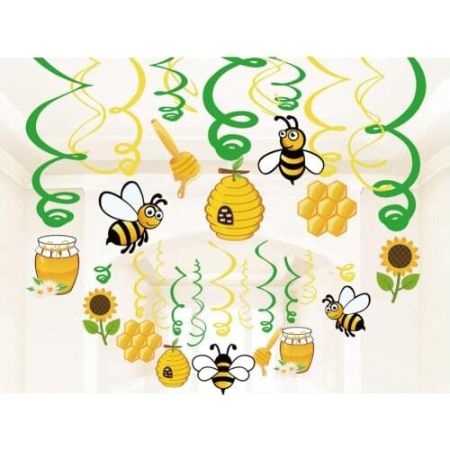 30pcs Baby Shower Ceiling Foil Spirals Yellow Little Bee Birthday Party Decoration Carton Honey Bees Cards Spiral Hanging Swirls