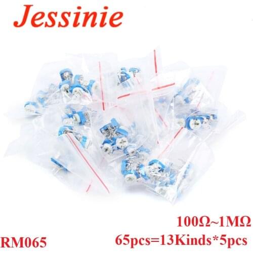 65pcs=13kinds*5PCS RM065 100 200 500R 1K 2K 5K 10K 20K 50K 100K 200K 500K 1M Trimpot Trimmer Potentiometer Variable Resistor Kit