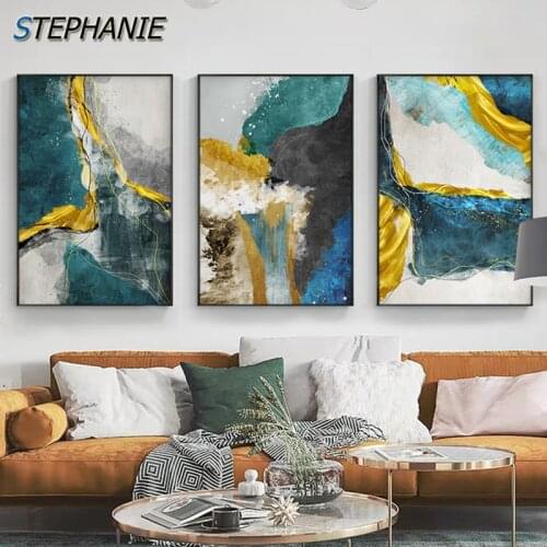 Abstract Art Canvas Painting Gold and Green Posters Prints Modern Minimalist Blue Wall Art Picture for Living Room Home Decor