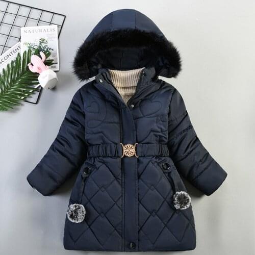 Childrens jacket for girls winter long coat Thicken Overcoat Fur collar belt warm jacket cotton kids clothes girl hooded jacket