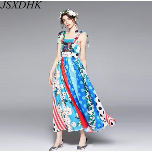 JSXDHK New Summer Chiffon Boho Holiday Maxi Dress Elegant Women Spaghetti Strap Flower Print Sexy Backless Dot Long Robe Dresses