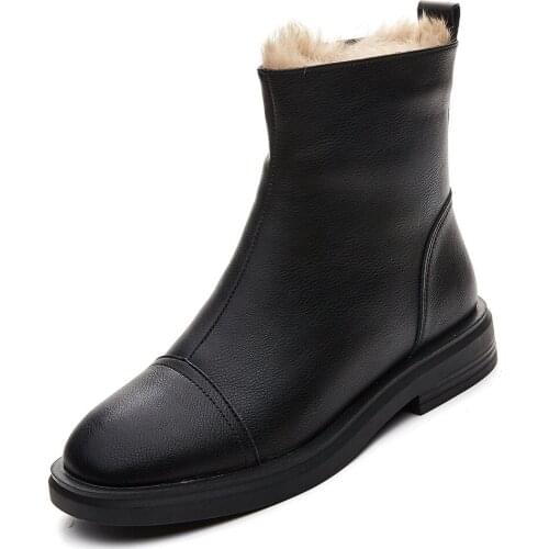 Genuine Leather Catchy Rabbit Fur Warm Classic Ankle Boots Flat Round Toe Side Zipper Soft Leather Low-Heeled Short Boots