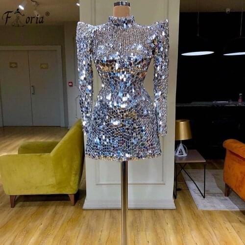 Silver Crystals Cocktail Dresses Short Prom Party Dresses 2021 Customized Arabic Dubai Evening Dress Sequins Vestido de festa