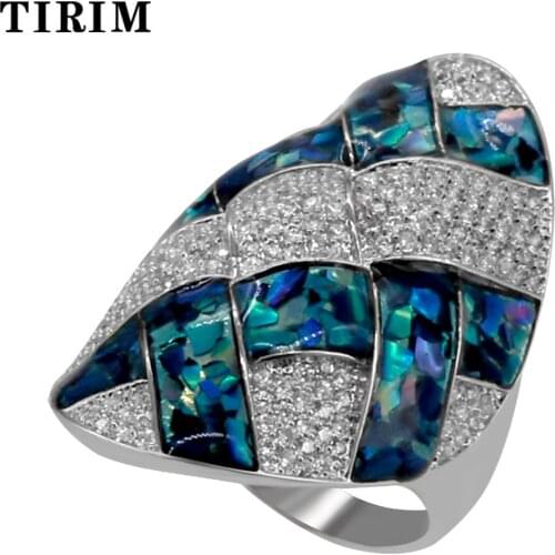 TIRIM Trendy Big Abalone Shell Cubic Zirconia Finger Bead Rings for Women and Girls Crystal Fashion Bague Anillo Jewelry Gifts