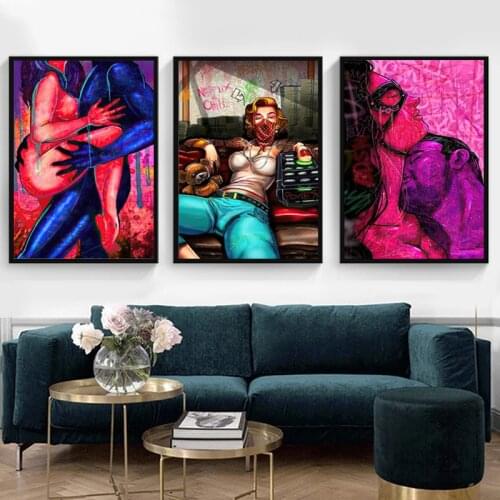 Colorful Graffiti Sexy Women Lover Canvas Painting Wall Art Posters Prints Wall Pictures for Living Room Home Wall Cuadros Decor