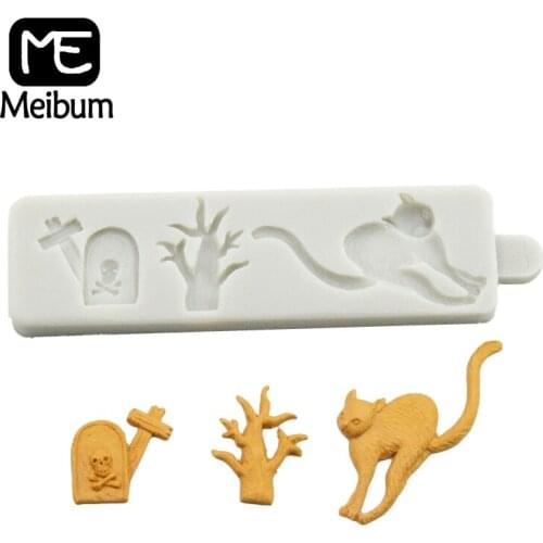 Meibum Halloween Black Cat Witch Silicone Fondant Cake Mold Tombstone Biscuits Chocolate Candy Sugar Craft Decorating Mould