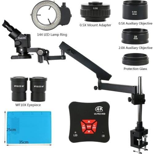 3.5X-90X Zoom Simul Focal Trinocular Microscope UHD 4K 1080P HDMI USB Video Camera Articulating Arm Pillar Clamp Stand