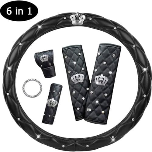 Super Soft Leather Car Steering Wheel Cover with Bling Crystal Rhinestone Crown Auto Accessories Kit Set for 15 Inch Women Girls