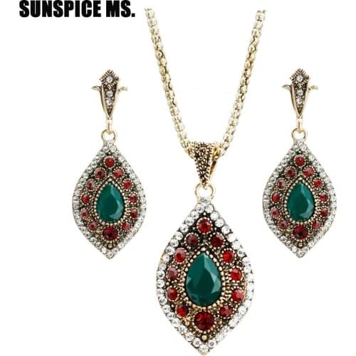 Turkish Vintage Jewelry Sets Water Drop Earrings Resin Necklace Antique Gold Color Crystal Bohemia Ethnic Wedding Jewelry 2018