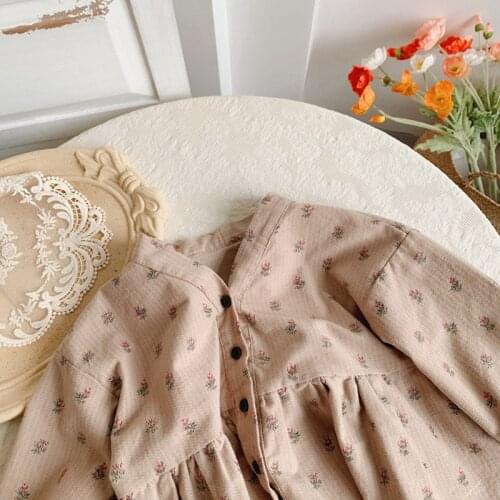 New 2021 Autumn Baby Girls Floral Printed Blouses V Neck Kids Tops Korean Style Toddlers Children Cute Shirts