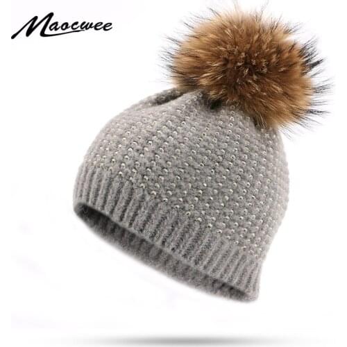 New Women Real Fur Pom Pom Hat Female Autumn Winter Wool Knitted Golden thread Skullies Beanies Girl Cap Natural Fur Pompom Hat