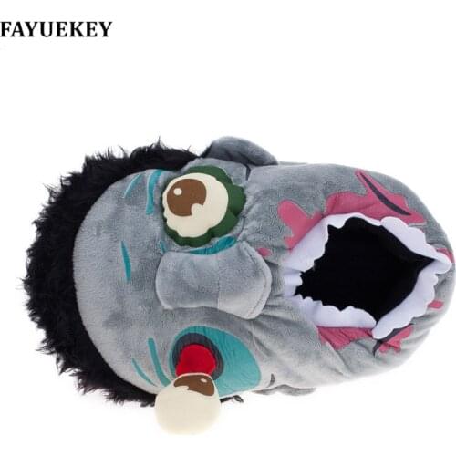 FAYUEKEY New Winter Home Cartoon Halloween Scary Zombies Slippers Lovers Cotton Covered Back Heel Warm Floor\Indoor Flat Shoes