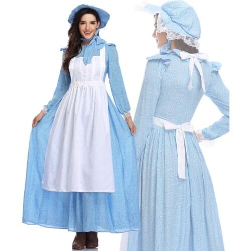 New California Costumes Womens Pioneer Cosplay Halloween Idyllic Farm Apron Maid Costume Blue Fancy Dress Outfit Plus Size XL