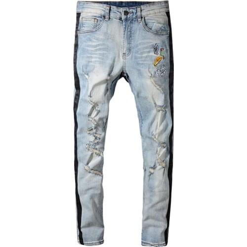 New mens male fashion trousers Spring autumn Korean trend slim slimming feet jeans mens trim retro scratched embroidered pants