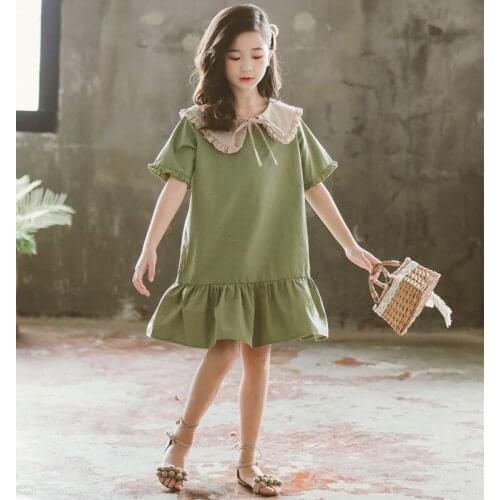 Explosion models new children 6 years -11 years old big scouts green knot bow doll collar loose fashion comfortable baby dress